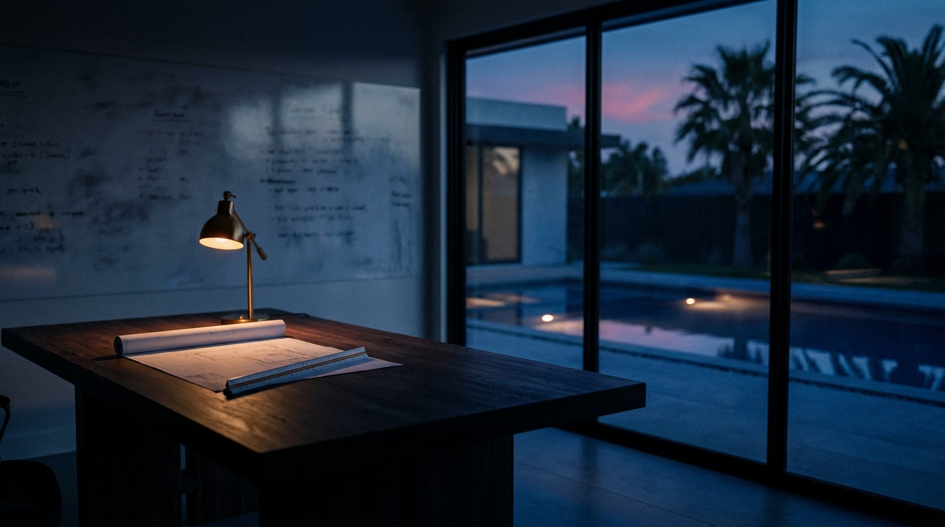 Pool design studio at dusk with a blueprint under a desk lamp, representing the pool builder ad spend article