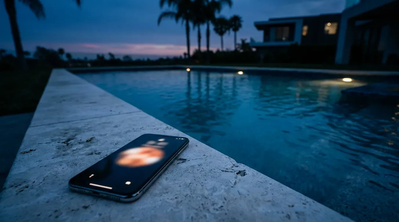 Phone glowing on the coping of a lit custom pool at dusk, representing the how to choose a pool marketing agency article