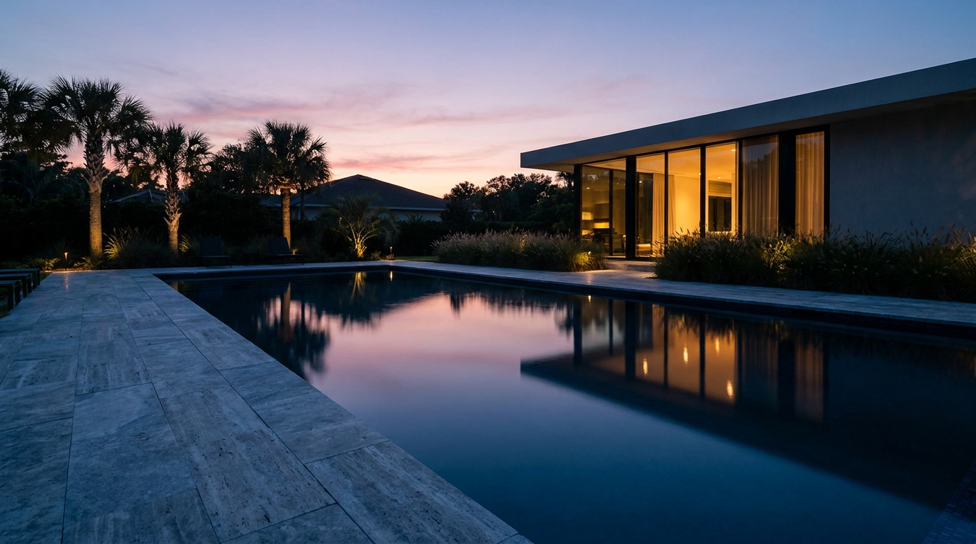 Finished modern pool at dusk with warm light from the house beyond, representing the marketing reporting and cost per appointment article