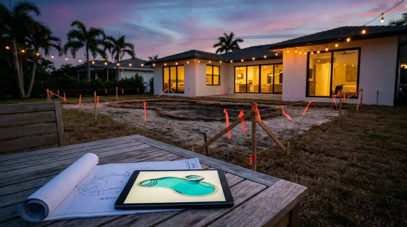 Backyard at dusk with survey stakes marking a future pool and a tablet showing a 3D pool design, representing the pool builder marketing article