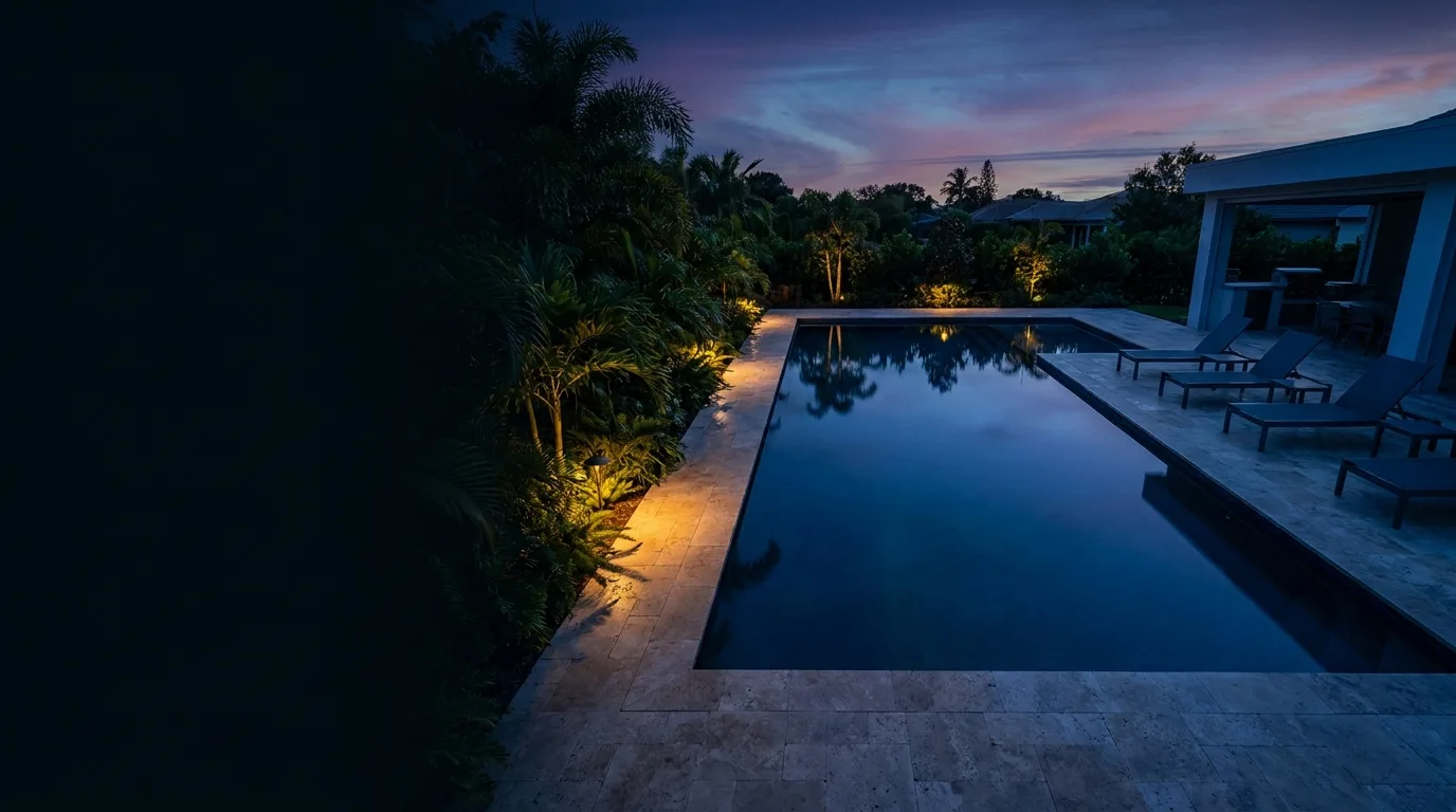 Luxury residential pool at twilight - glassy water reflecting deep blue sky with warm landscape lighting and stone decking