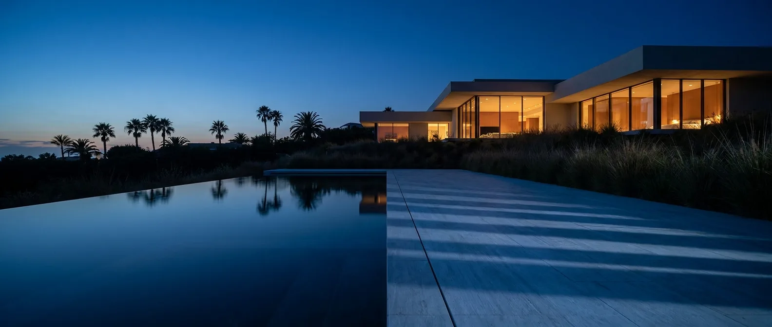 Wide atmospheric twilight pool and luxury architecture at dusk - dark water reflecting blue-hour sky with warm interior glow from modernist home