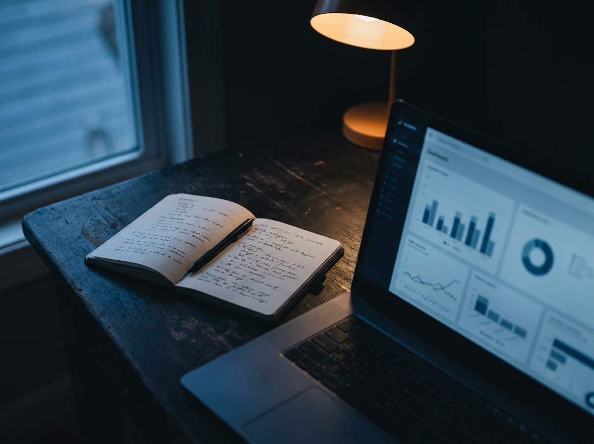 Marketing strategy session - notebook with notes and analytics dashboard on laptop at dusk