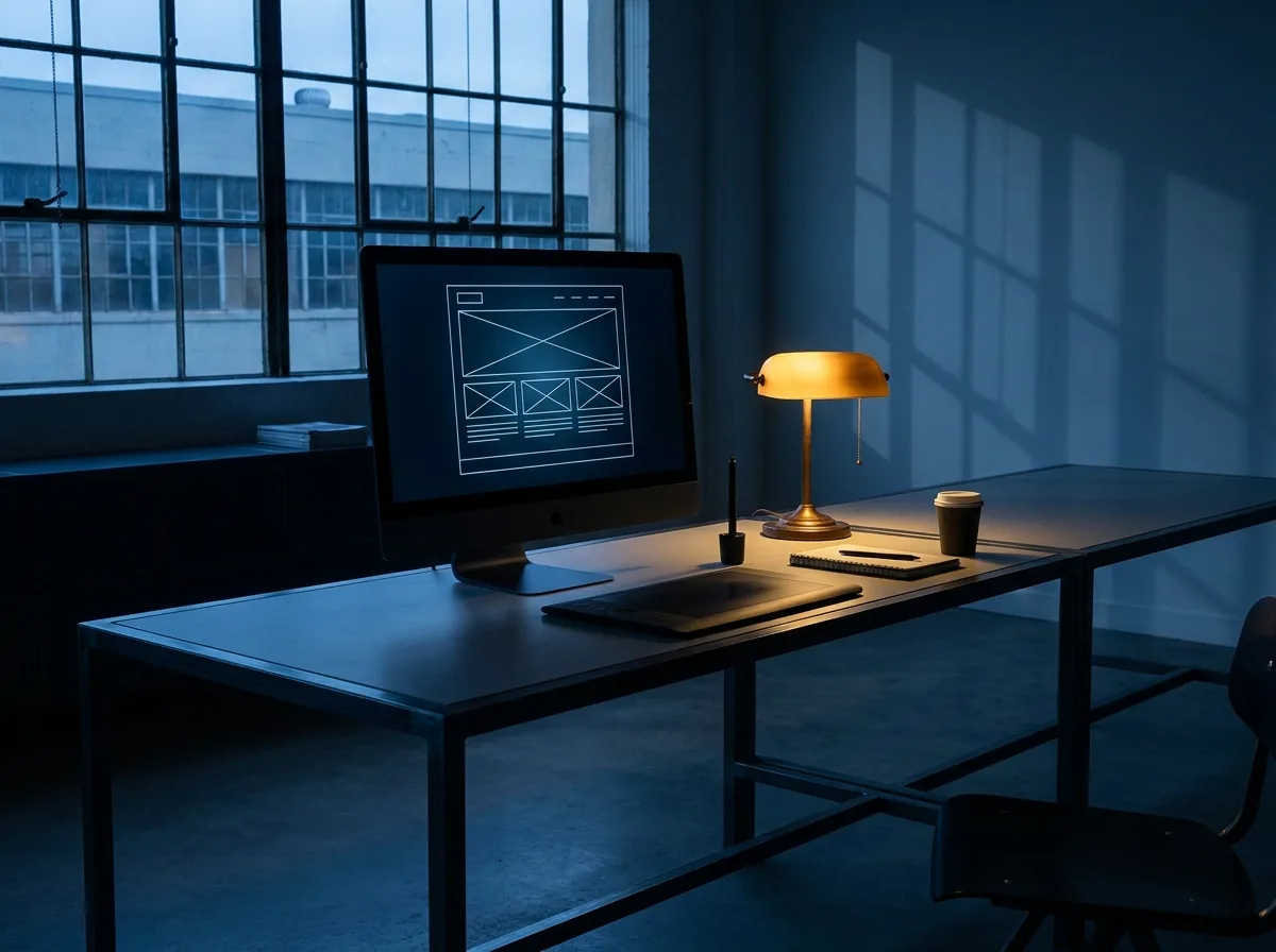 Web design and landing page creation workspace with wireframe on monitor at blue hour