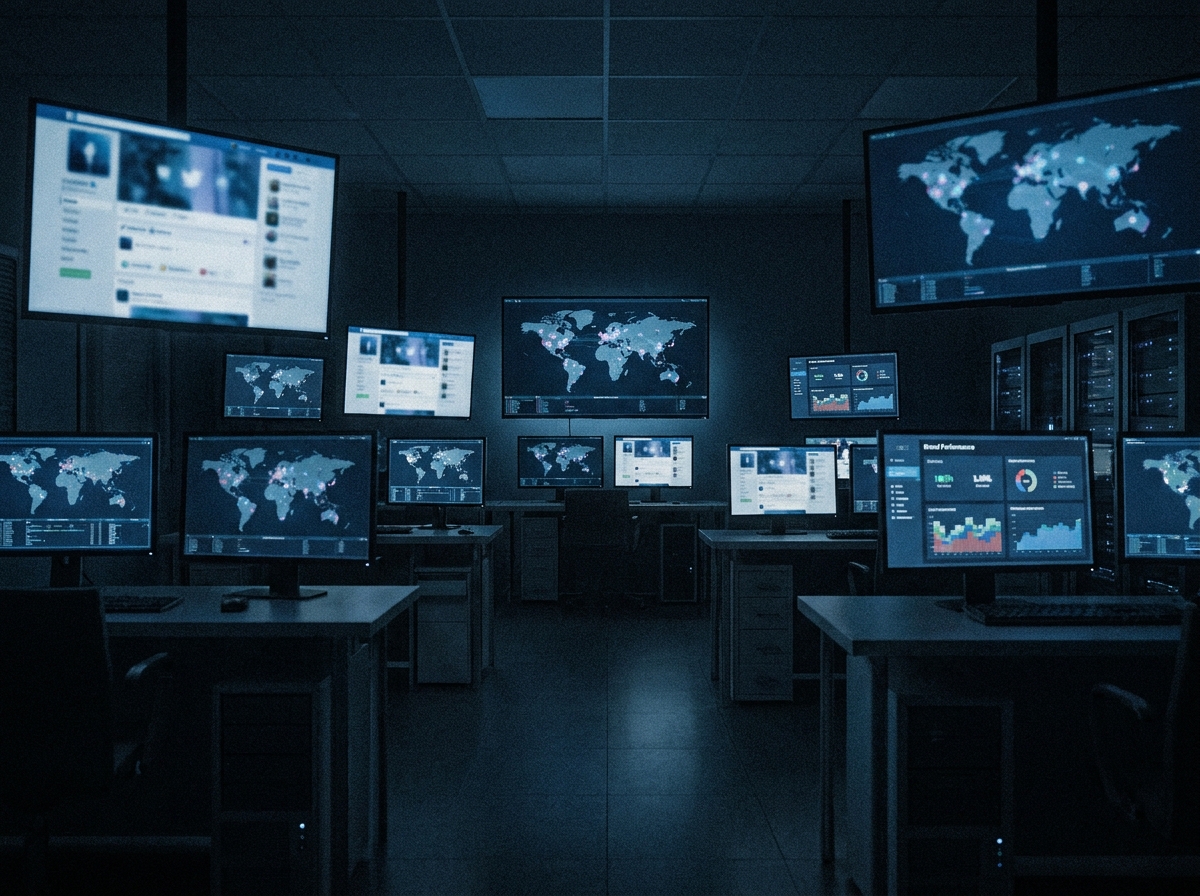 Multi-screen digital command center showing brand presence across social media and digital platforms
