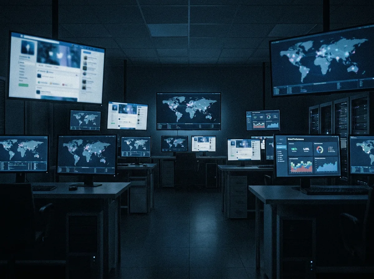 Multi-screen digital command center showing brand presence across social media and digital platforms