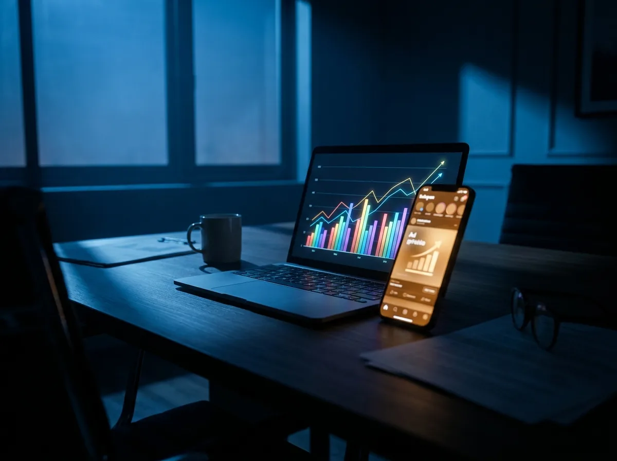 Advertising campaign launch - laptop showing upward-trending performance graphs and smartphone ad preview