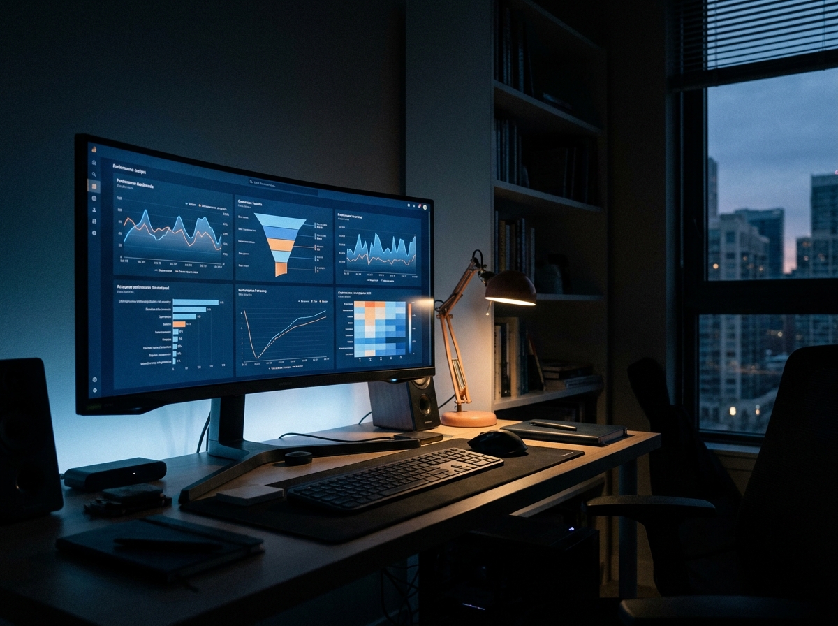 Dark analytics dashboard displaying performance metrics, representing the COM% marketing metric article