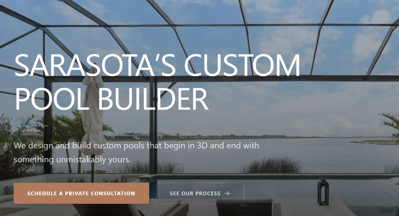 Private preview of Swim Inc.'s homepage with the shortened sentence in place under Sarasota's Custom Pool Builder