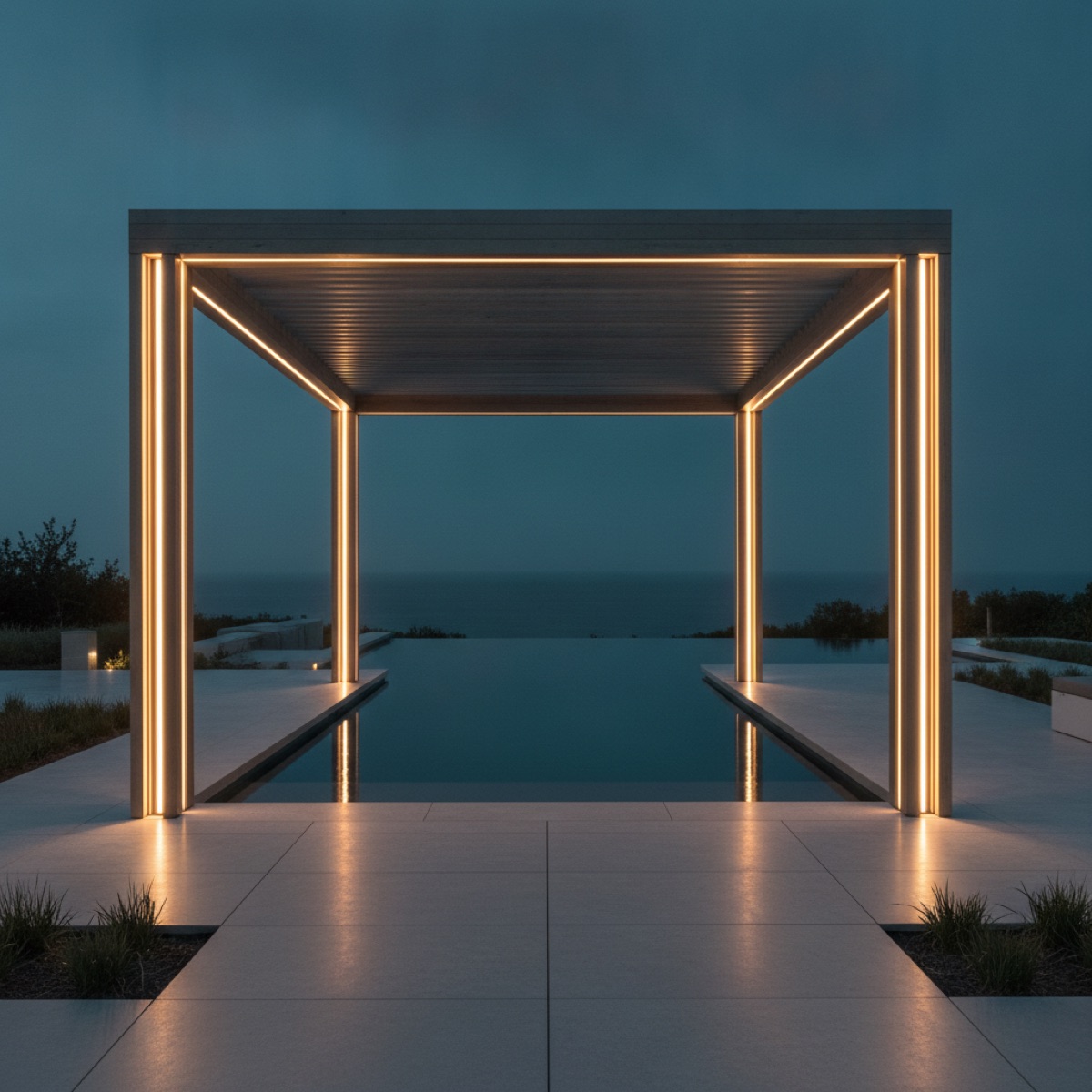 Symmetric modern pergola beside a luxury pool at dusk, representing precise, structured keyword targeting