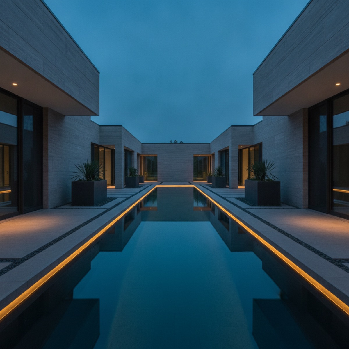 Clean geometric lap pool at dusk representing an orderly, well-structured operation