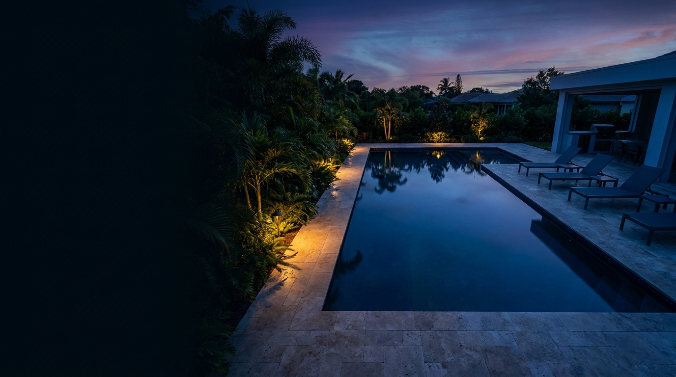 Dark, architectural view of a luxury pool build at dusk, premium and moody